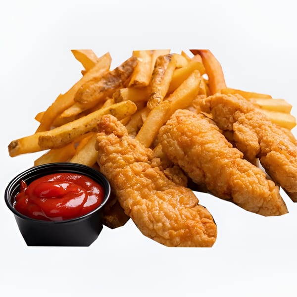 Crispy chicken tenders and golden french fries with a side of ketchup on a white background.