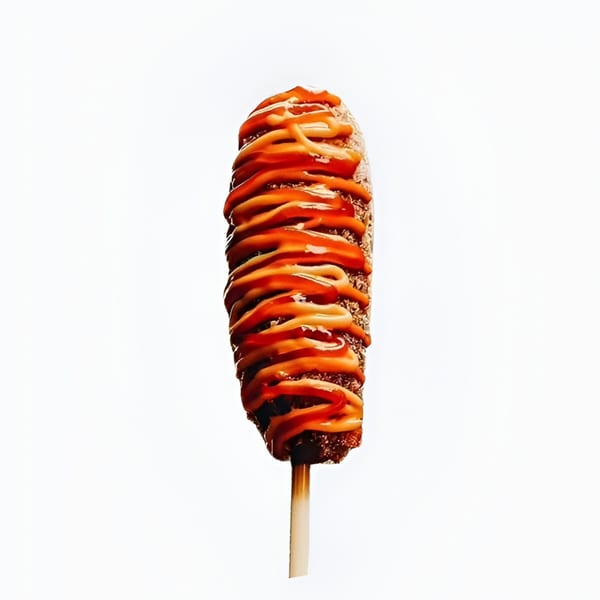 A Korean corn dog on a stick, drizzled with ketchup and mustard, against a white background.
