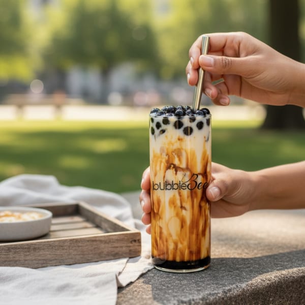 Hands holding a BubbleBee bubble tea with a metal straw, outdoors on a sunny day.