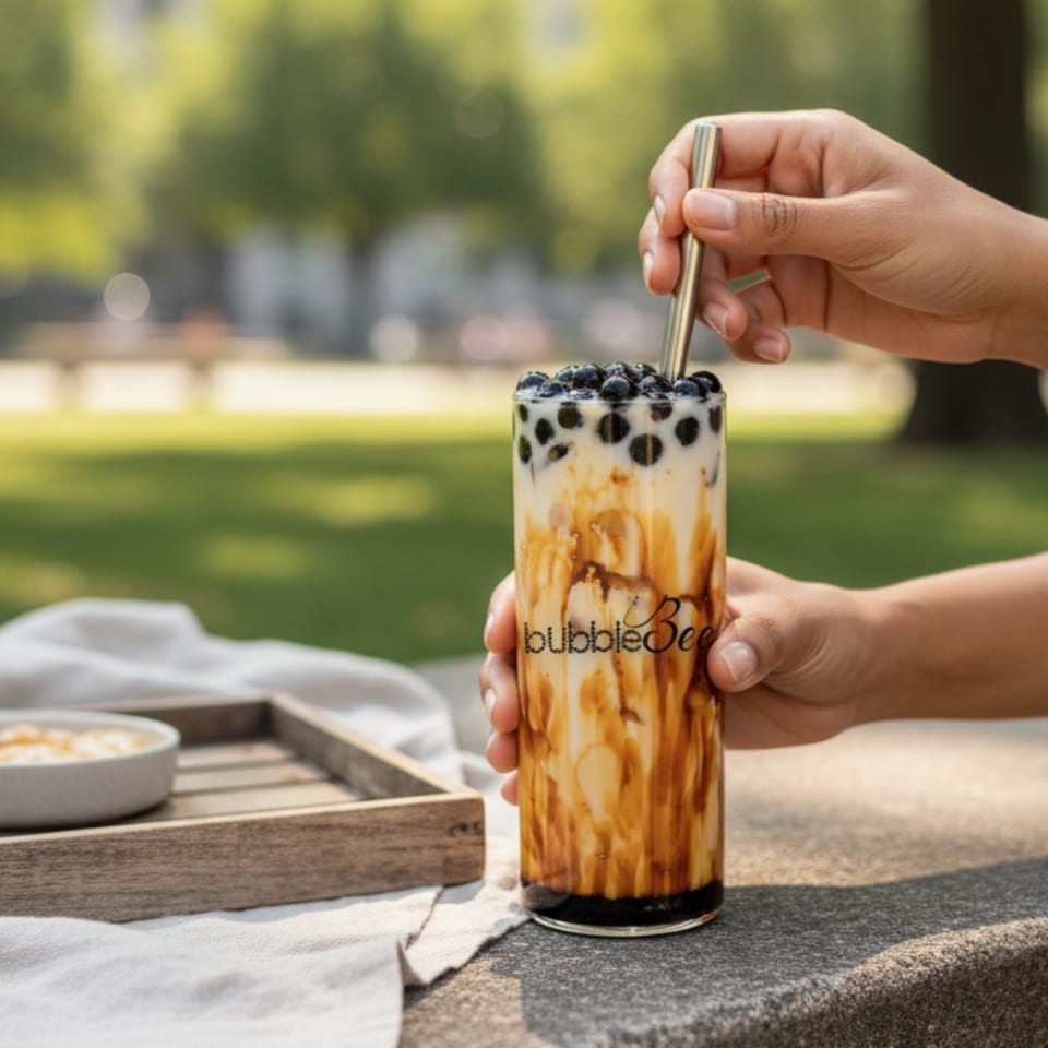 Hands holding a BubbleBee bubble tea with a metal straw, outdoors on a sunny day.