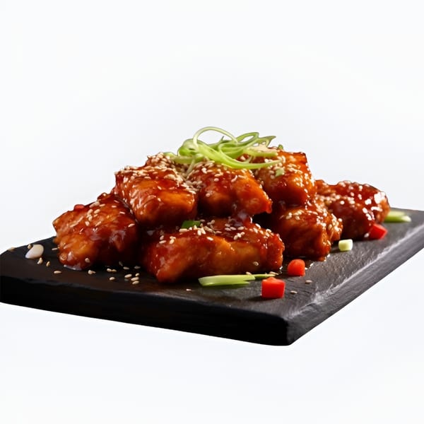 Sweet and sour chicken bites with sesame seeds and green onions on a black slate.
