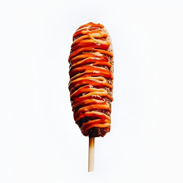 A Korean corn dog on a stick, drizzled with ketchup and mustard, against a white background.