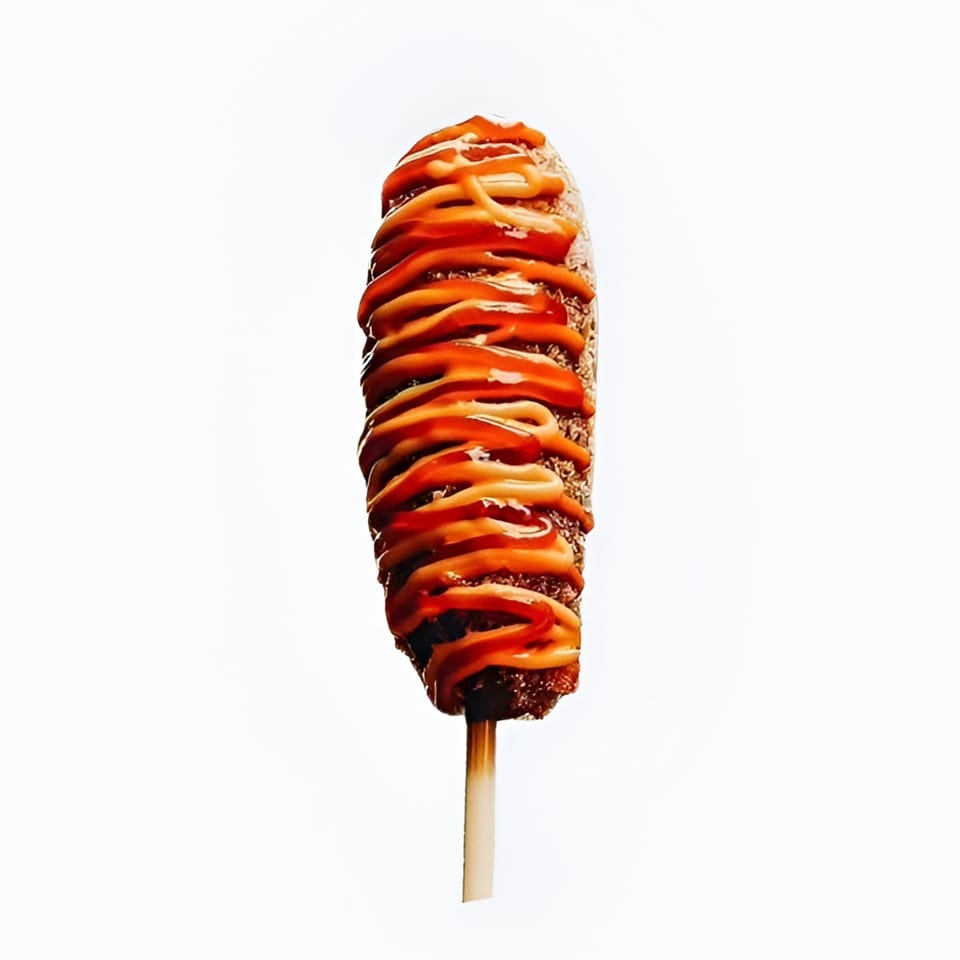 A Korean corn dog on a stick, drizzled with ketchup and mustard, against a white background.
