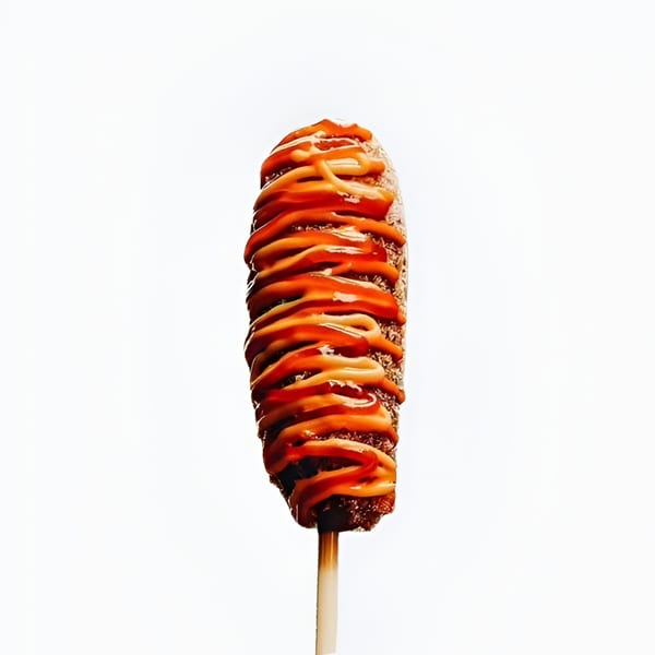 A Korean corn dog on a stick, drizzled with ketchup and mustard, against a white background.
