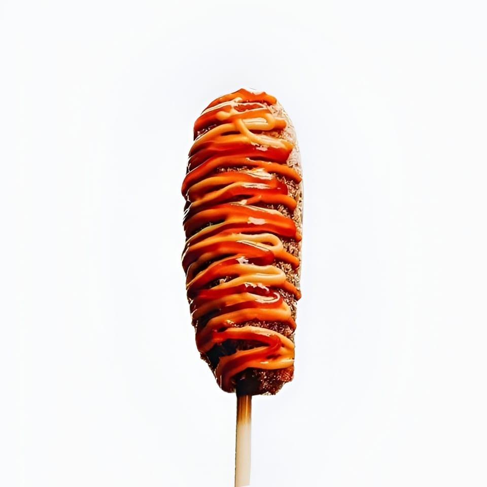A Korean corn dog on a stick, drizzled with ketchup and mustard, against a white background.