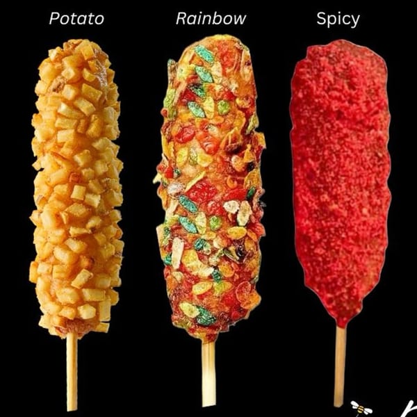 Three Korean corn dogs: potato-crusted, rainbow cereal-crusted, and spicy red pepper-crusted.