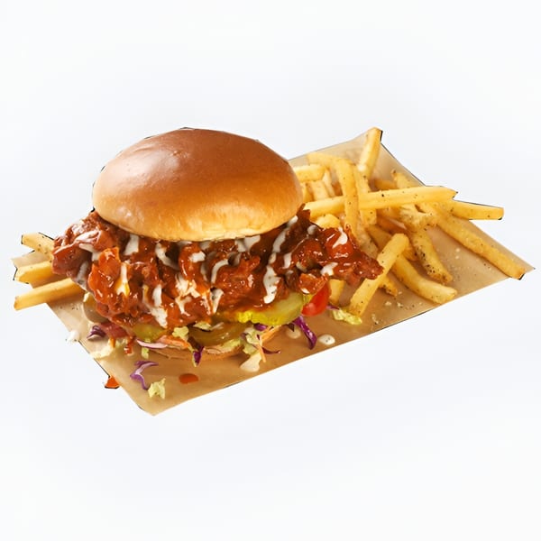 Spicy chicken sandwich with pickles, coleslaw, and white sauce, served with fries.